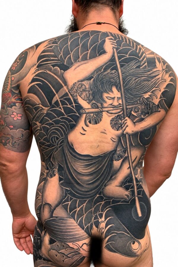 Japanese warrior riding koi back piece tattoo by Marc Pinto – Primitive Tattoo Perth