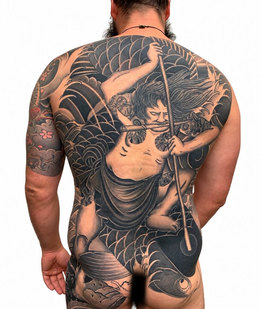 Japanese warrior riding koi back piece tattoo by Marc Pinto – Primitive Tattoo Perth