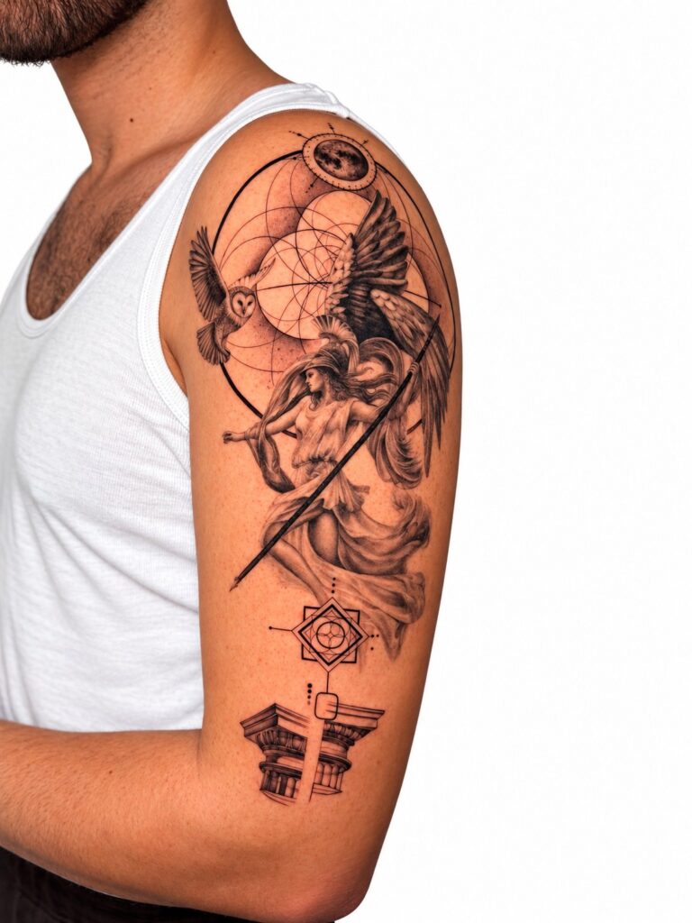 Micro realism patchwork shoulder half sleeve tattoo, Perth WA