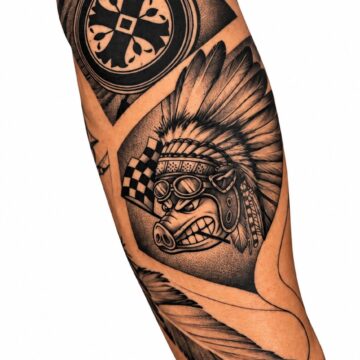 Black and grey feather and mandala forearm sleeve tattoo – Primitive Tattoo Perth