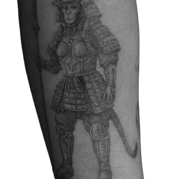 Black and grey female samurai forearm tattoo by Nilyu – Primitive Tattoo Perth