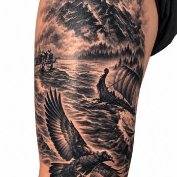 Black and grey mountain landscape and eagle thigh tattoo – Primitive Tattoo Perth