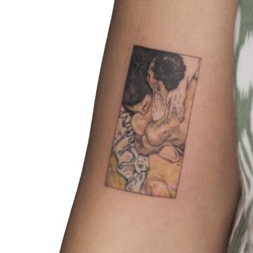 Colour fine art painting tattoo on forearm by Nilyu – Primitive Tattoo Perth