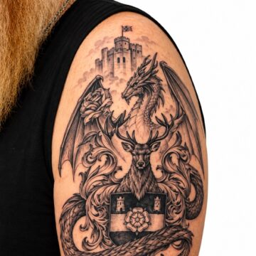 Dragon family crest shoulder tattoo – Primitive Tattoo Perth