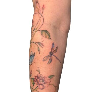 Fine line colour floral vine forearm tattoo with dragonfly and butterfly by Nilyu – Primitive Tattoo Perth