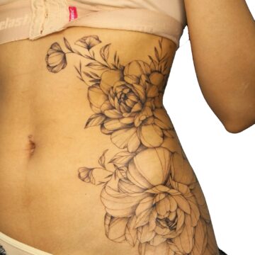 Fine line peony floral rib tattoo by Nilyu – Primitive Tattoo Perth