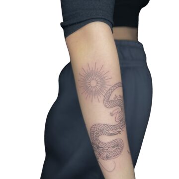 Fine line sun and snake forearm tattoo by Nilyu – Primitive Tattoo Perth