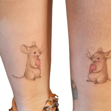 Matching mouse and heart ankle tattoos by Nilyu – Primitive Tattoo Perth