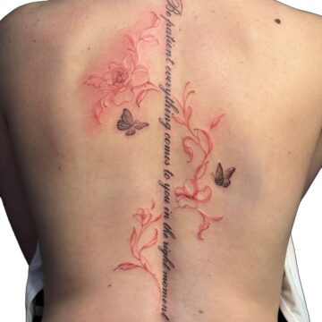 Red floral spine tattoo with script and butterflies by Nilyu – Primitive Tattoo Perth