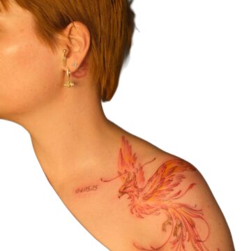 Red phoenix shoulder tattoo by Nilyu, Primitive Tattoo Perth