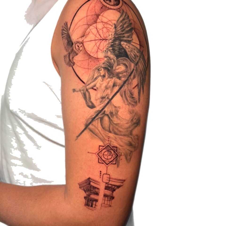 Black and grey angel and warrior upper arm sleeve by Sarah, Primitive Tattoo Perth