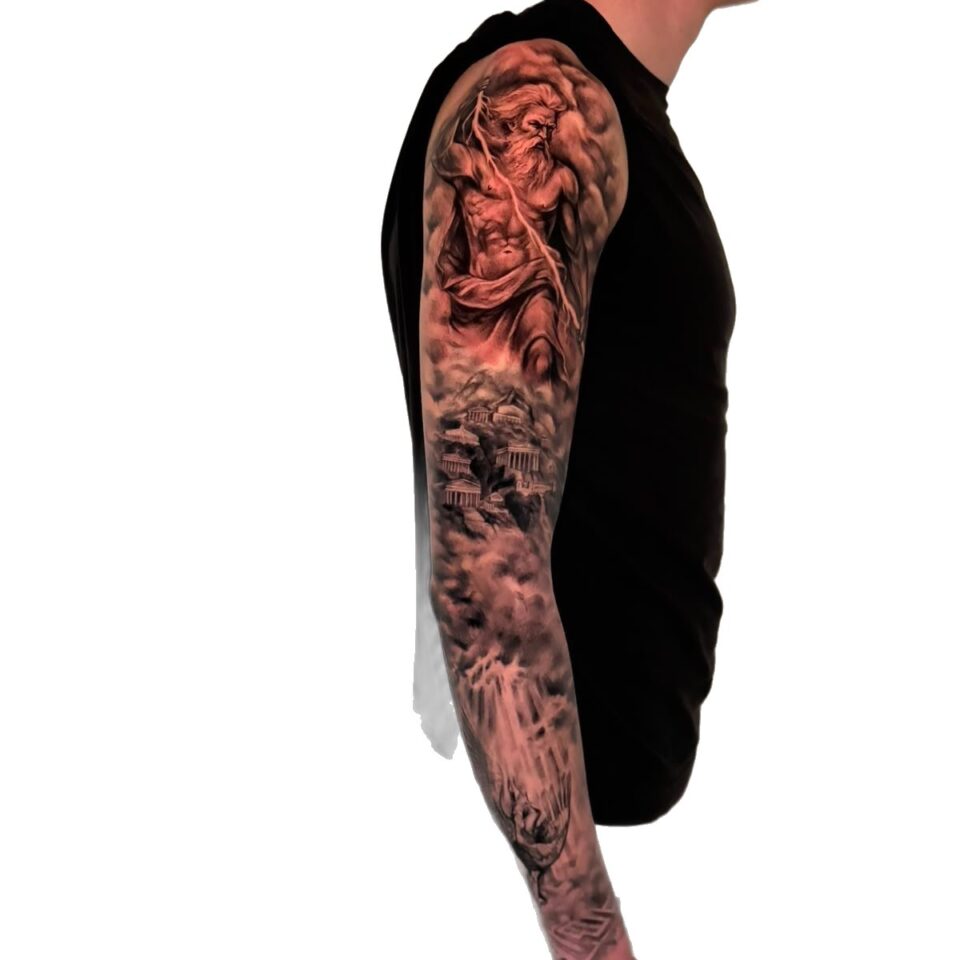 Black and grey full sleeve tattoo by Sarah, Primitive Tattoo Perth