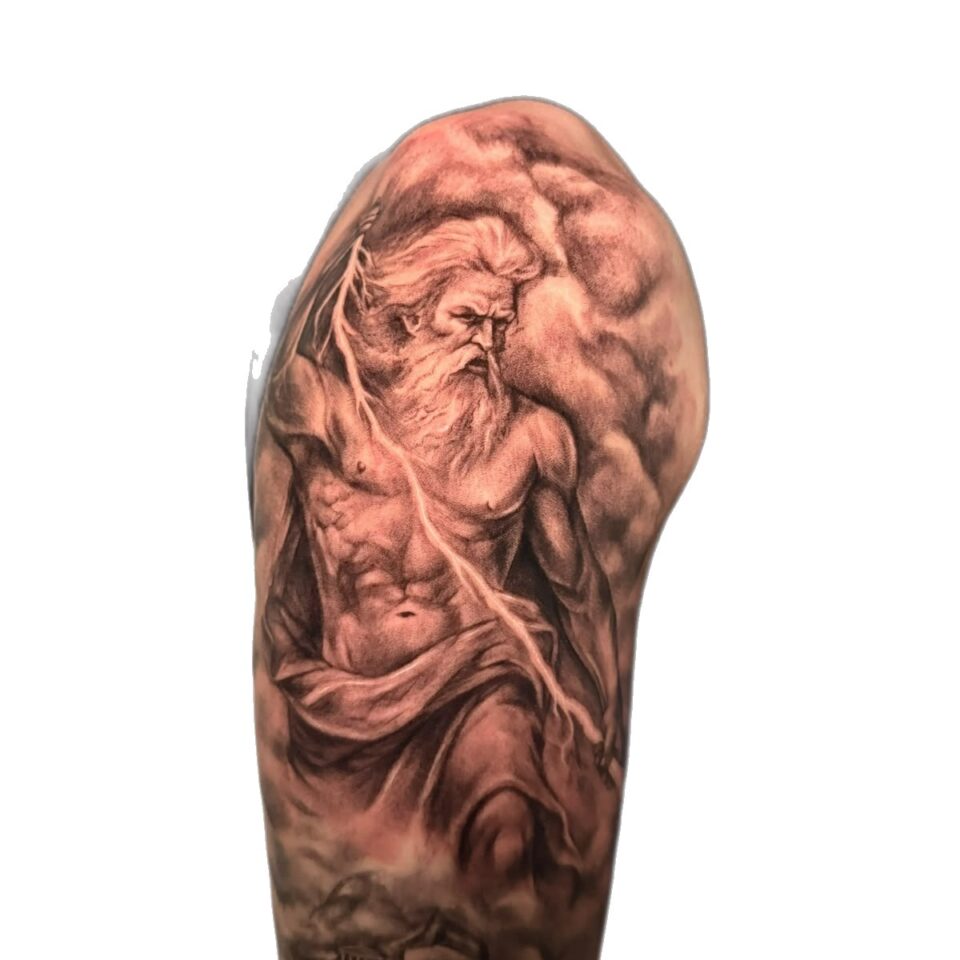 Black and grey Zeus upper arm tattoo by Sarah, Primitive Tattoo Perth