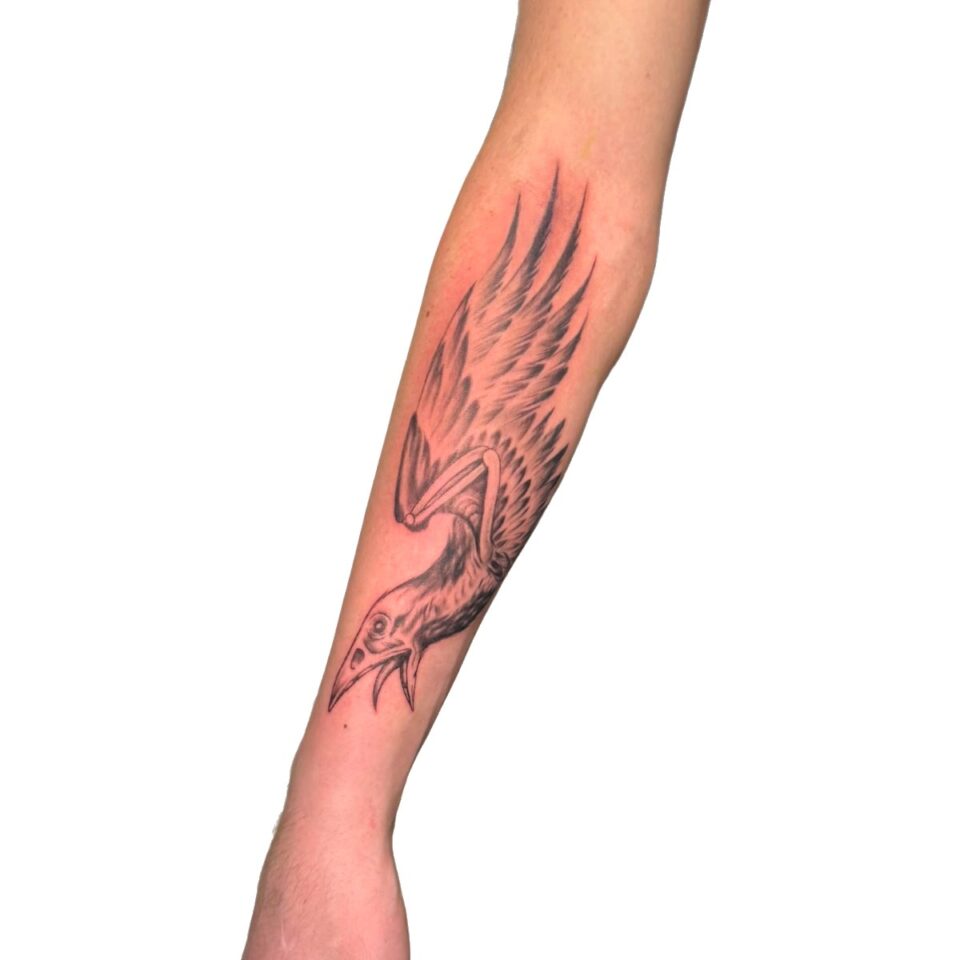 Fine line bird and wings forearm tattoo by Sarah, Primitive Tattoo Perth