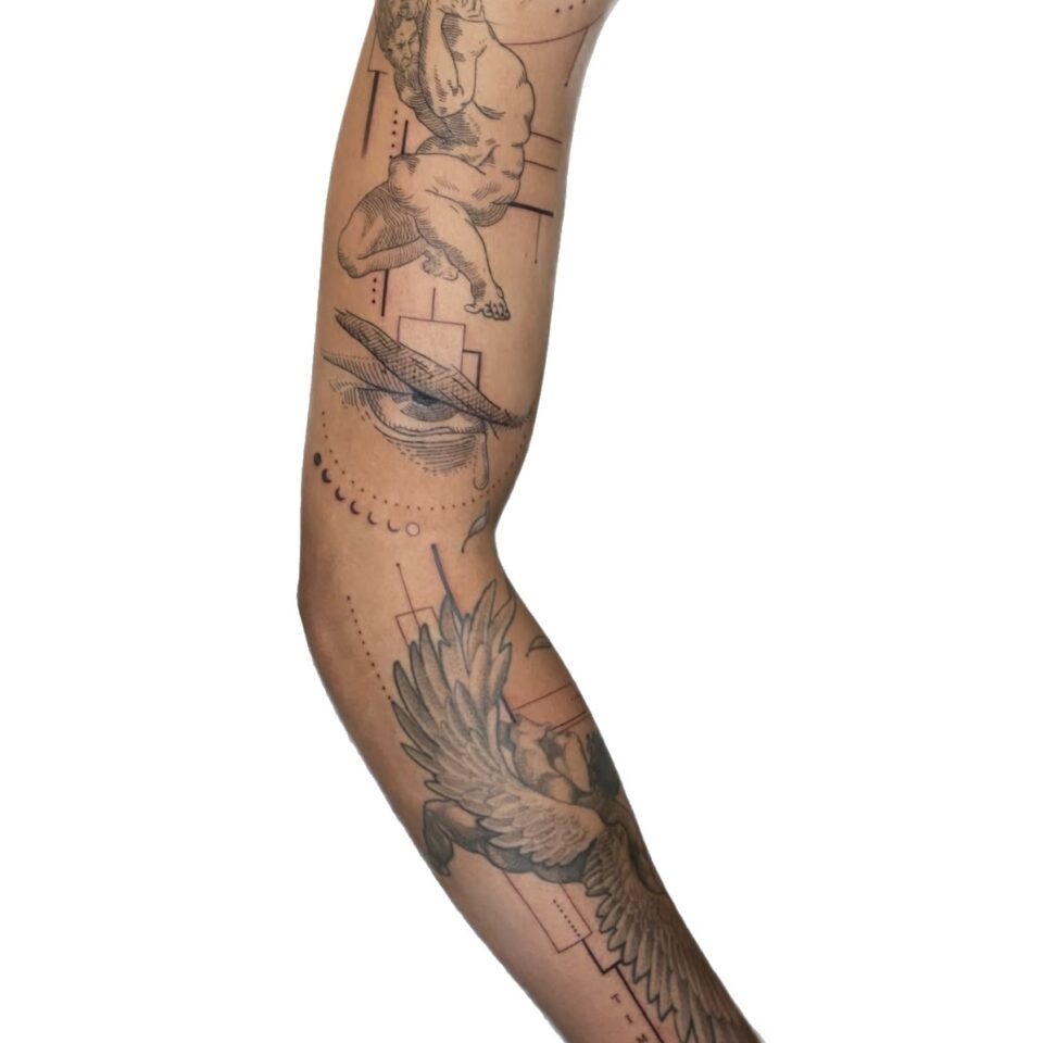 Fine line and black and grey arm sleeve by Sarah, Primitive Tattoo Perth
