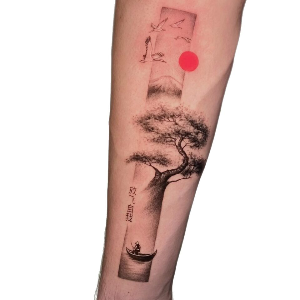 Fine line bonsai tree and red sun forearm tattoo by Sarah, Primitive Tattoo Perth