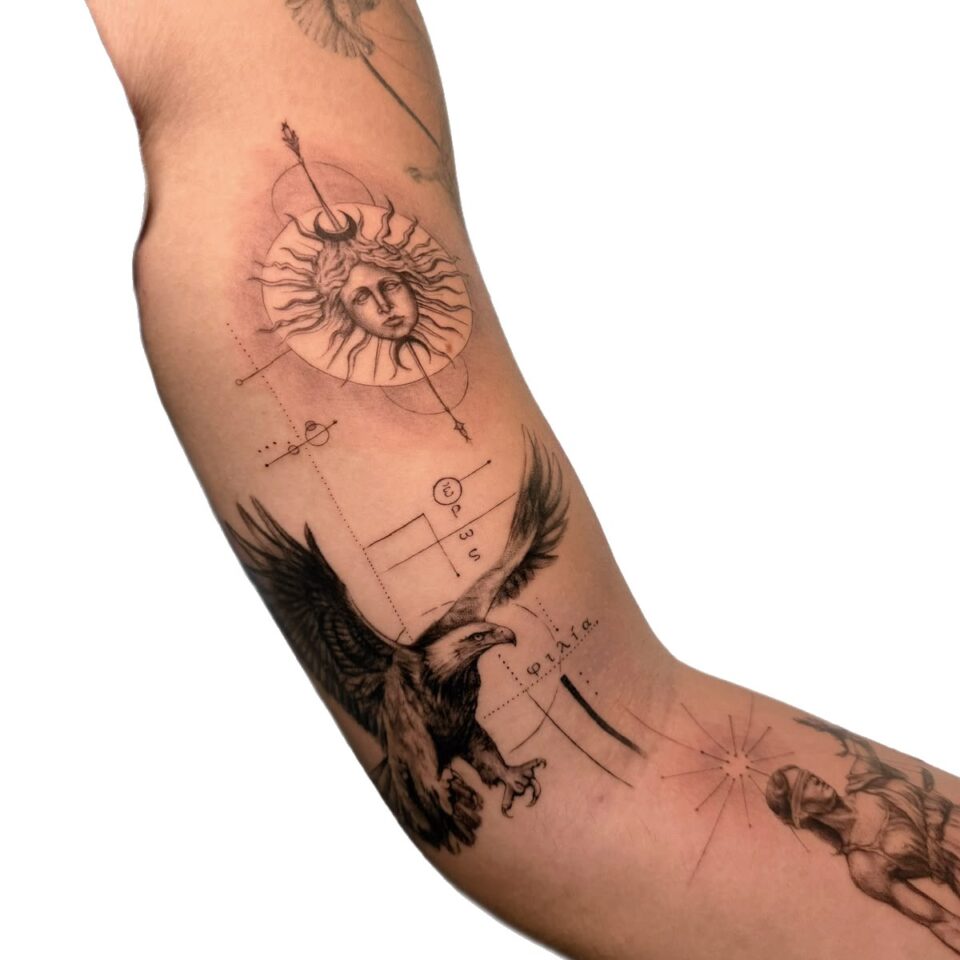 Fine line compass and bird arm tattoo by Sarah, Primitive Tattoo Perth