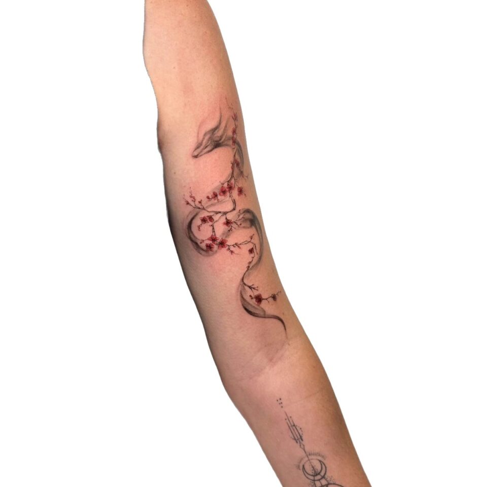 Fine line floral arm tattoo by Sarah, Primitive Tattoo Perth