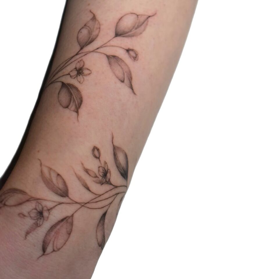 Fine line leafy vine forearm tattoo by Sarah, Primitive Tattoo Perth