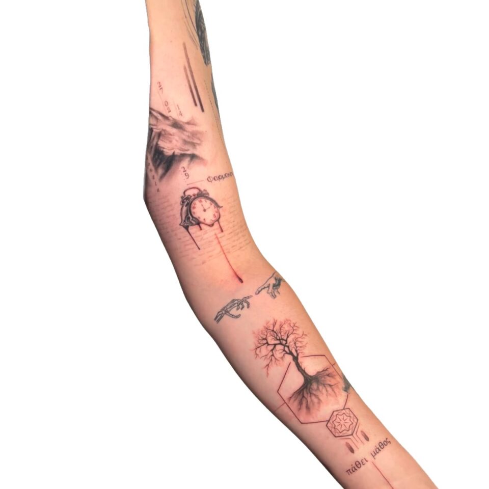 Fine line patchwork arm tattoos by Sarah, Primitive Tattoo Perth