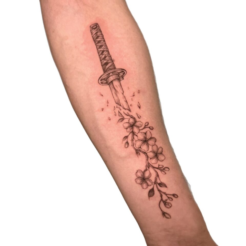 Fine line sword and blossom forearm tattoo by Sarah, Primitive Tattoo Perth