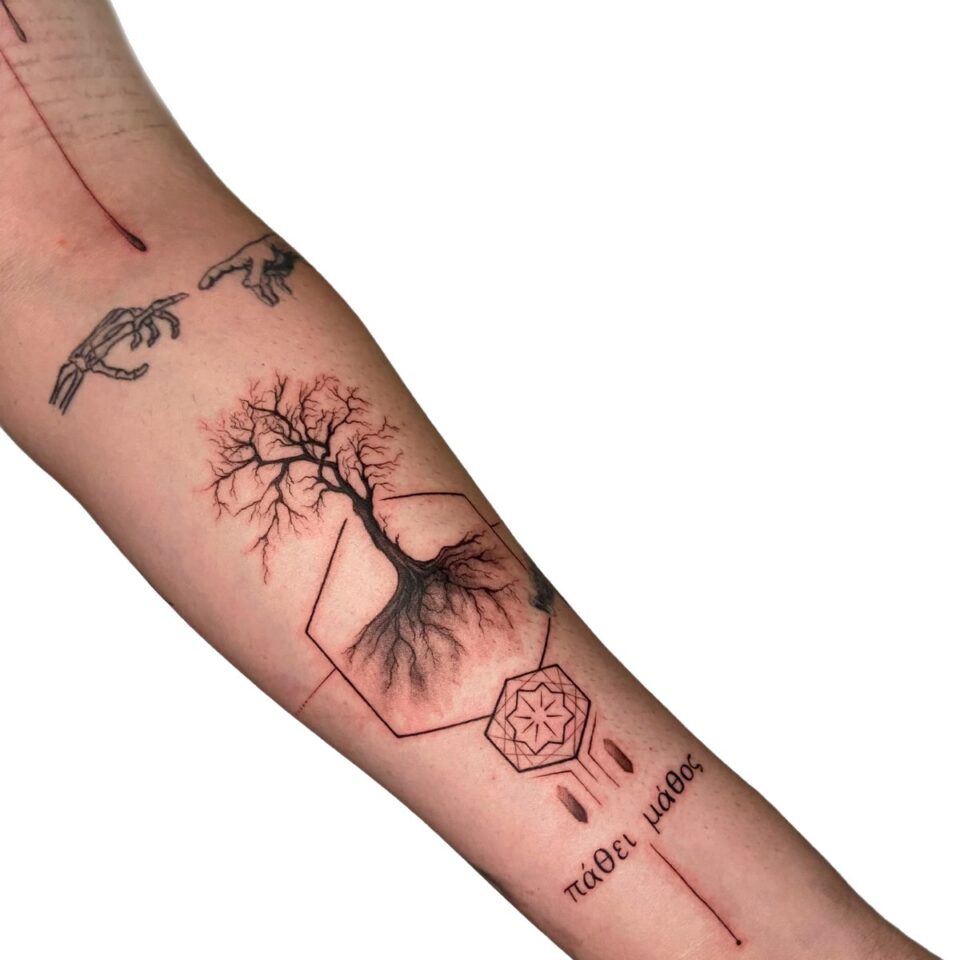 Fine line tree and geometric forearm tattoo by Sarah, Primitive Tattoo Perth