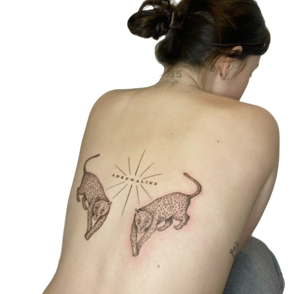 Fine line twin tigers back tattoo by Sarah, Primitive Tattoo Perth