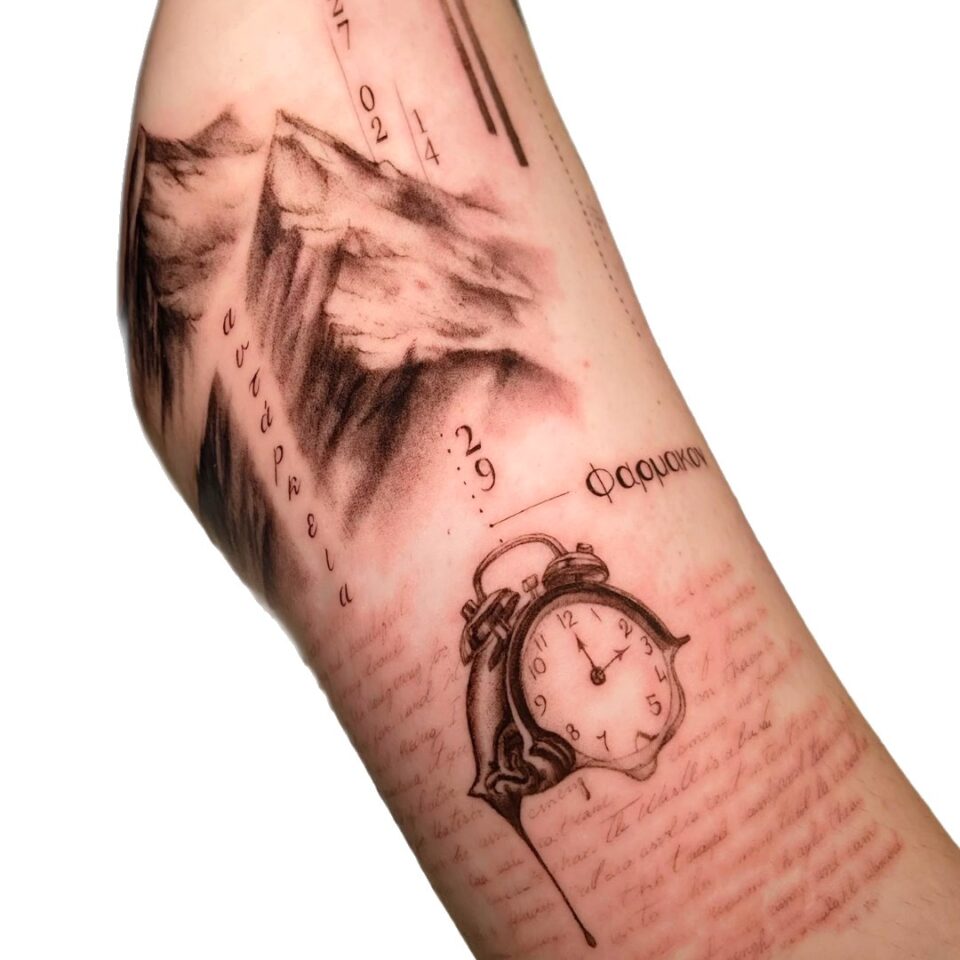 Micro realism mountain and clock arm tattoo by Sarah, Primitive Tattoo Perth