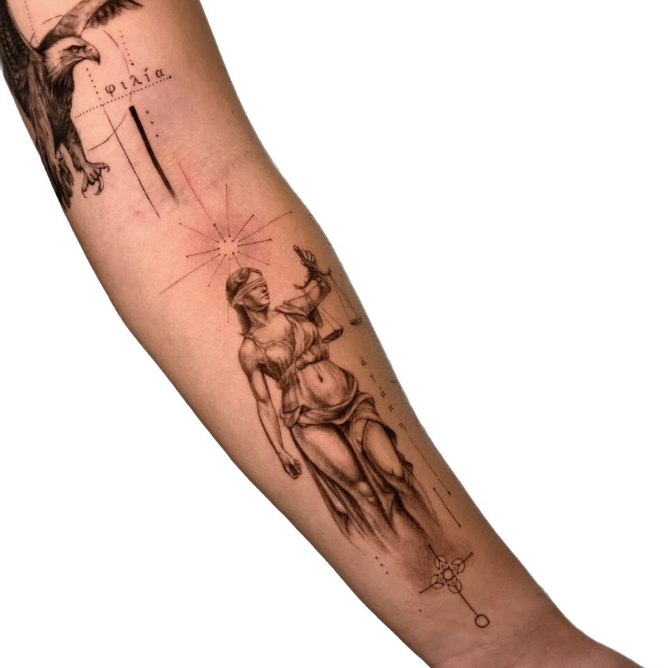 Micro realism statue and angel forearm sleeve by Sarah, Primitive Tattoo Perth