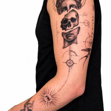 Skull and geometric fine line half sleeve tattoo – Primitive Tattoo Perth