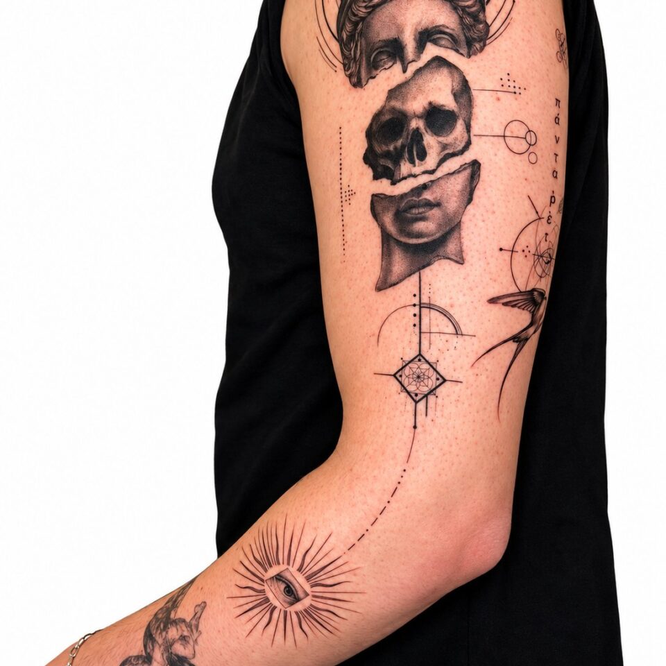 Skull and geometric fine line half sleeve tattoo – Primitive Tattoo Perth