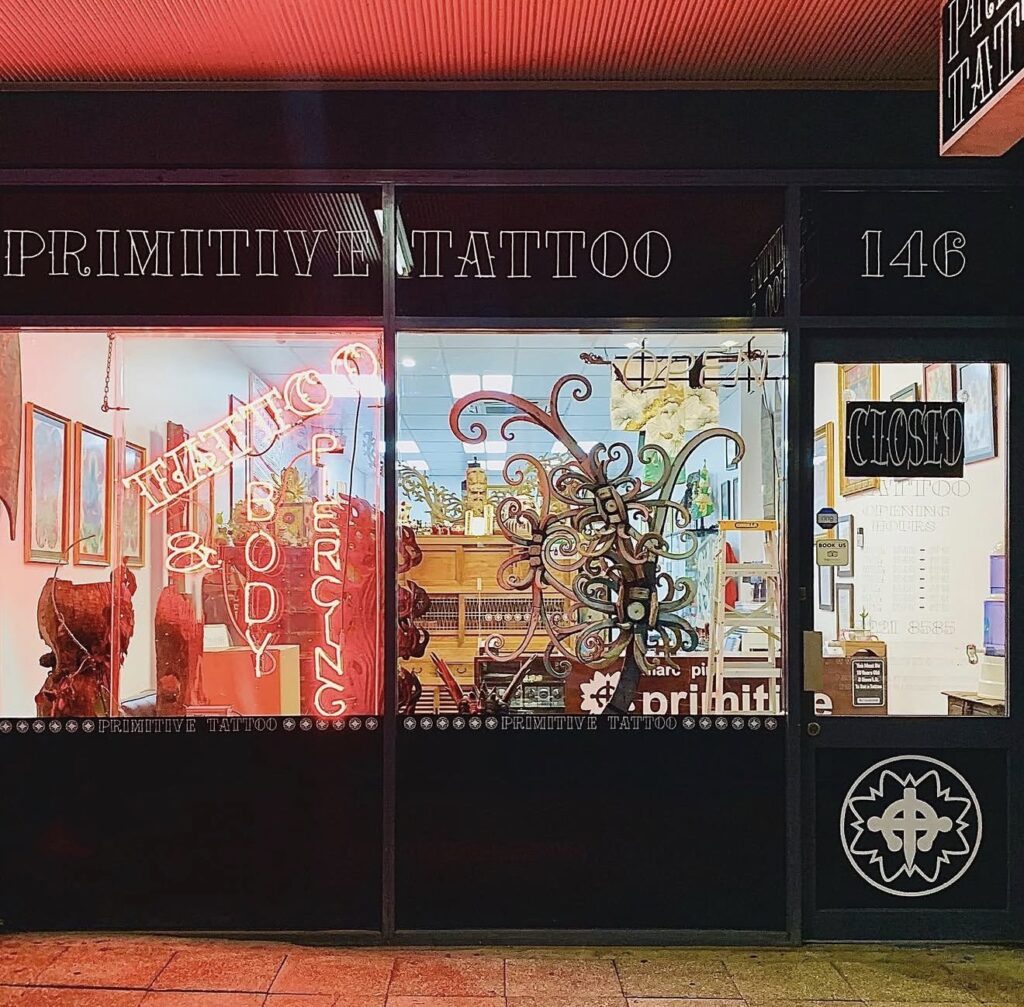 Primitive Tattoo studio shopfront at 146 Barrack Street, Perth CBD WA 6000, near Elizabeth Quay and the Perth Convention and Exhibition Centre