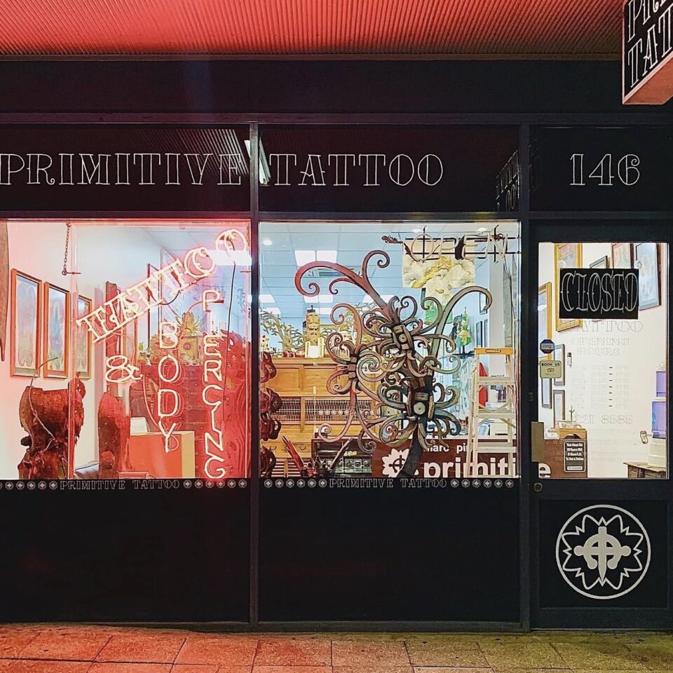 Primitive Tattoo studio shopfront at 146 Barrack Street, Perth CBD WA 6000, near Elizabeth Quay and the Perth Convention and Exhibition Centre